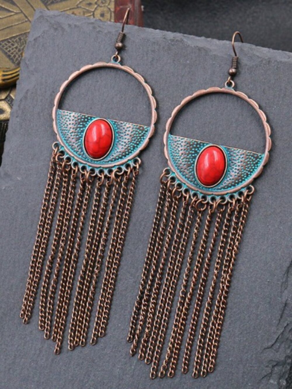 Boho Turquoise Teal Earrings Long Dangle Fringe Tassel Western Tribal Statement
